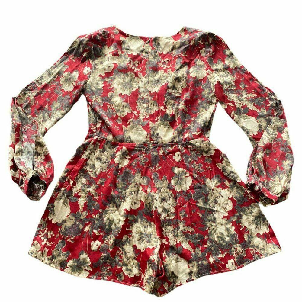 Ark & Co ivory Burgundy Floral Jumpsuit Long Sleeve Wrap Front Size Mediun boho - Picture 3 of 12